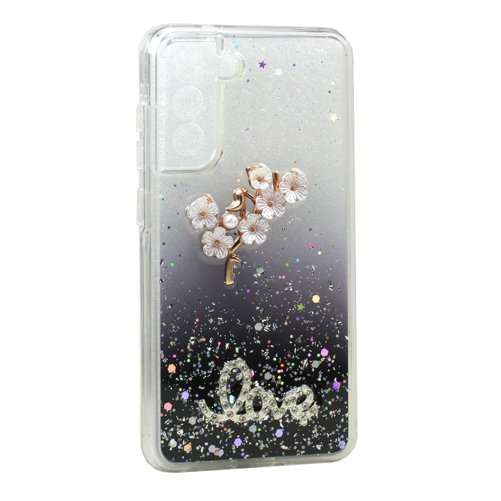 Jewel Glitter 3D FLOWER Love Crystal Armor Hybrid Case for Samsung Galaxy S21 FE 5G (Black)